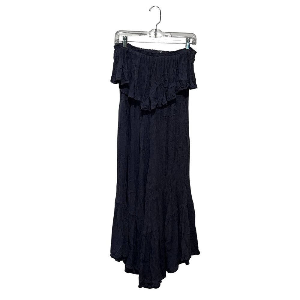 Elan  Navy Blue Off-Shoulder Ruffle Hem & Elastic Waist Women's Jumpsuit Size L